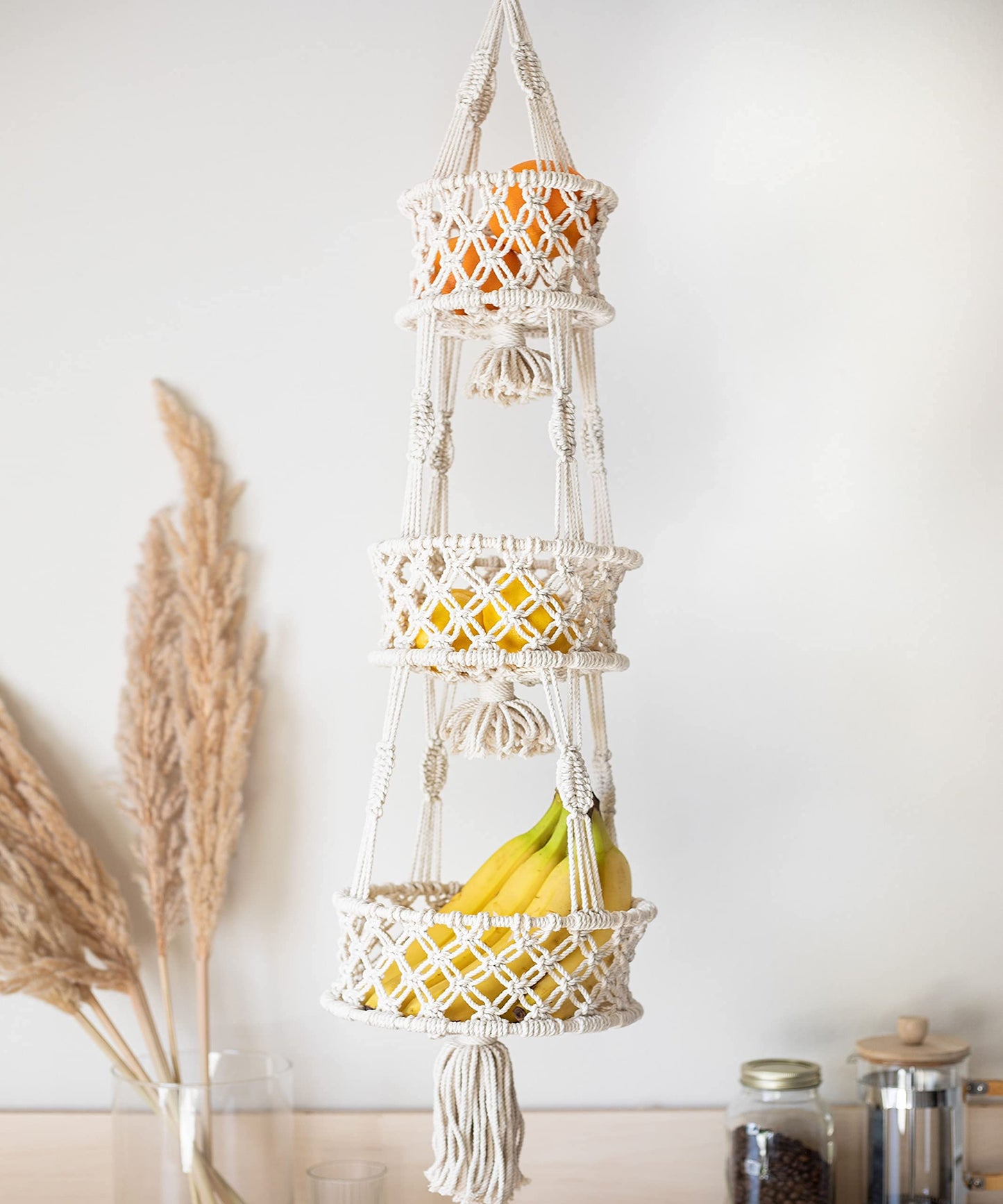 SnugLife Macrame 3 Tier Hanging Basket - Space Saving Hanging Fruit Basket for Kitchen or Decorative Boho Decor Hanging Plant Holder - Use for Produce Baskets, Indoor Planter Hangers, 42 Inches Beige