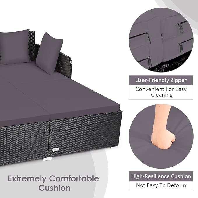 COSTWAY Outdoor Patio Rattan Daybed, Sponge Cushioned Loveseat Sofa