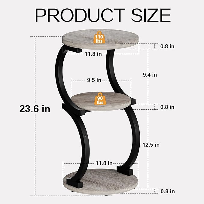 JUSTOGO Small Round Side Table, 3-Tier End Table