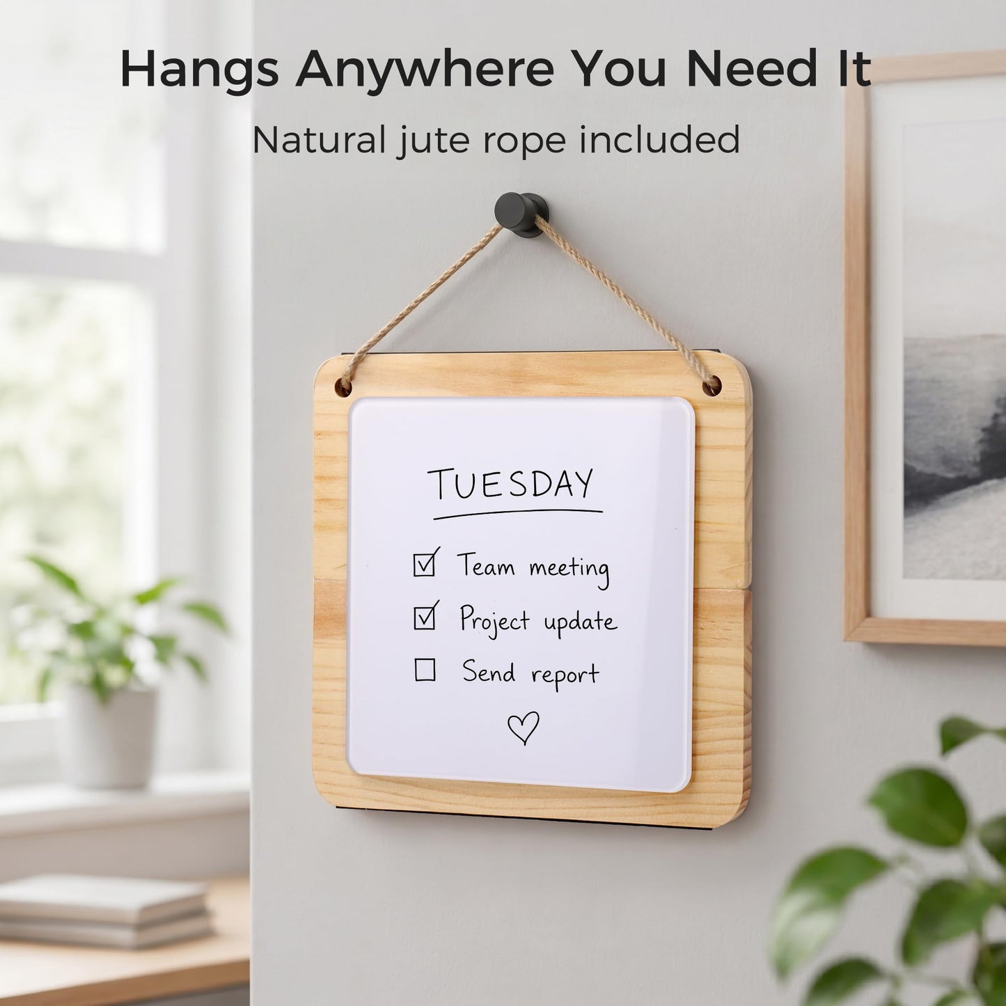 TOWON Glass Desktop Whiteboard with Solid Wood Stand - Foldable Mini Dry Erase Board for Desk - 2-in-1 Tabletop & Hanging Memo Board for Office Decor, Magnetic, White and Square