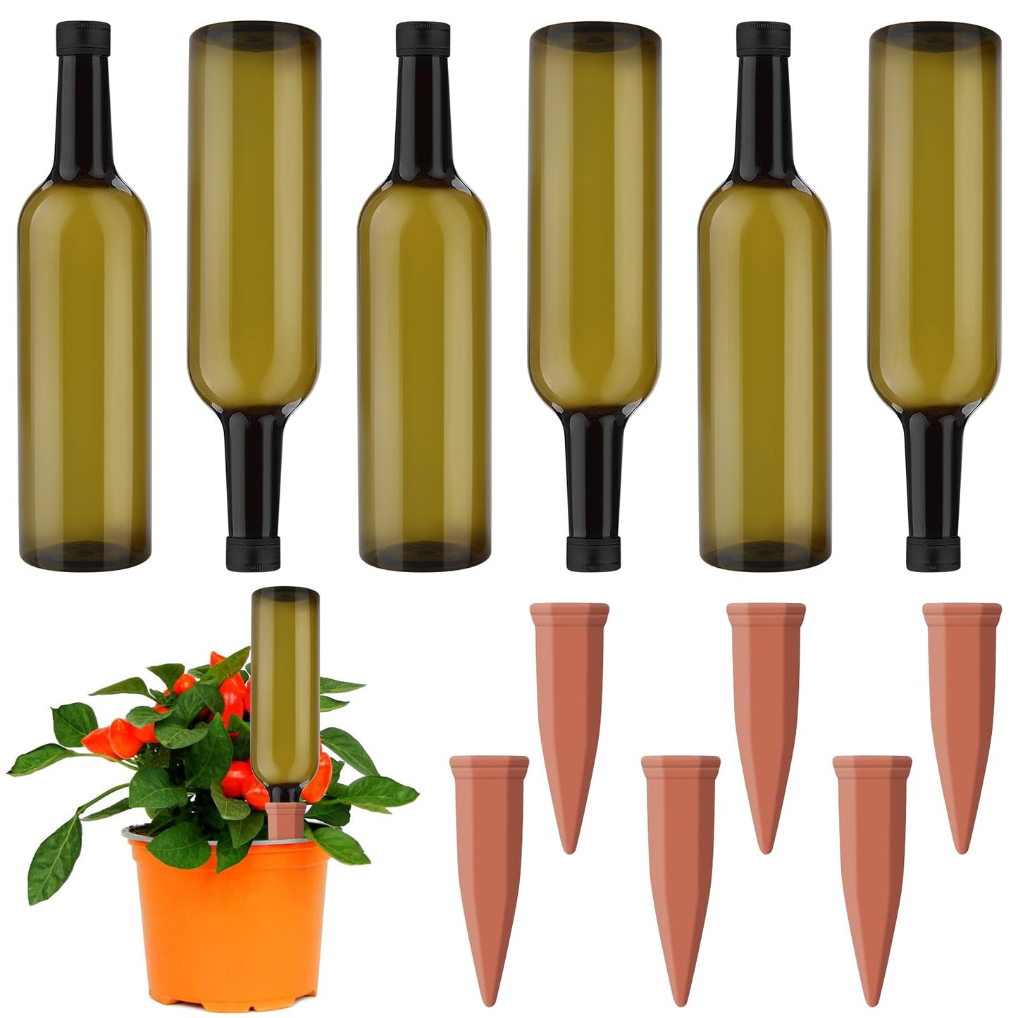 SHENGYIWA 12 Pcs Self Watering Spikes for Plants Terracotta Automatic Plant Waterer Stakes with(25.5 Oz) Plastic PET Bottles, 6 Set Self Watering Globes Keep Plants Watered for 7-9 Days (6, Green)
