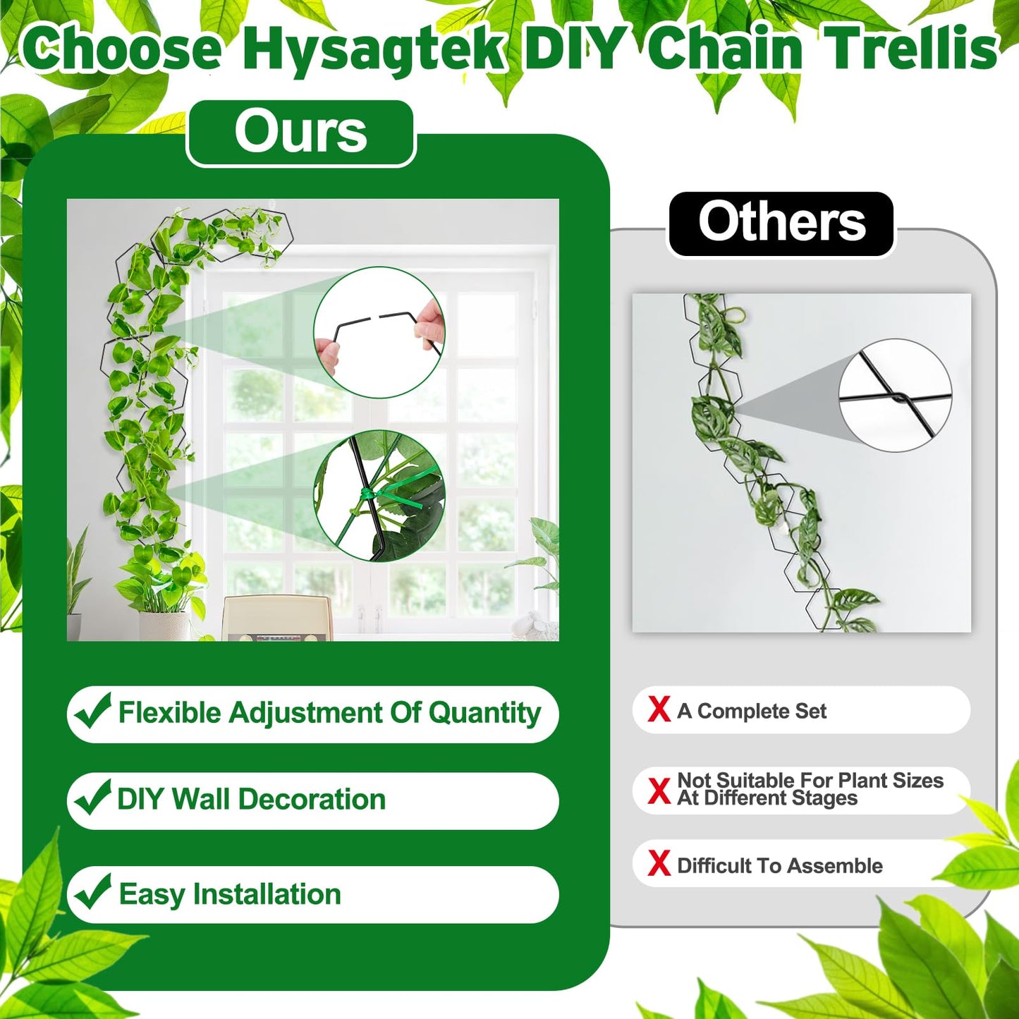 Hysagtek Chain Trellis for Climbing Plants Indoor & Outdoor, 18 Pcs Plant Trellis with Connect-Hooks, No-Trace Nails & Wire Ties, DIY House Plant Accessories for Monstera, Pothos, Ivy, Wisteria
