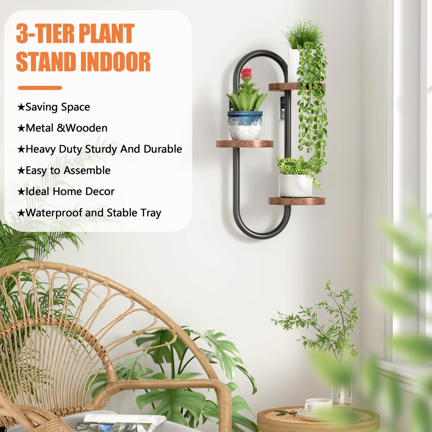 VIXLON Wall Mounted Plant Stands for Indoor Plants, Window Plant Shelves, Plant Wall Mount Holders Indoor Decor Hanger, 3 Tiered Hanging Plant Stands, Home Office Living Room Decor