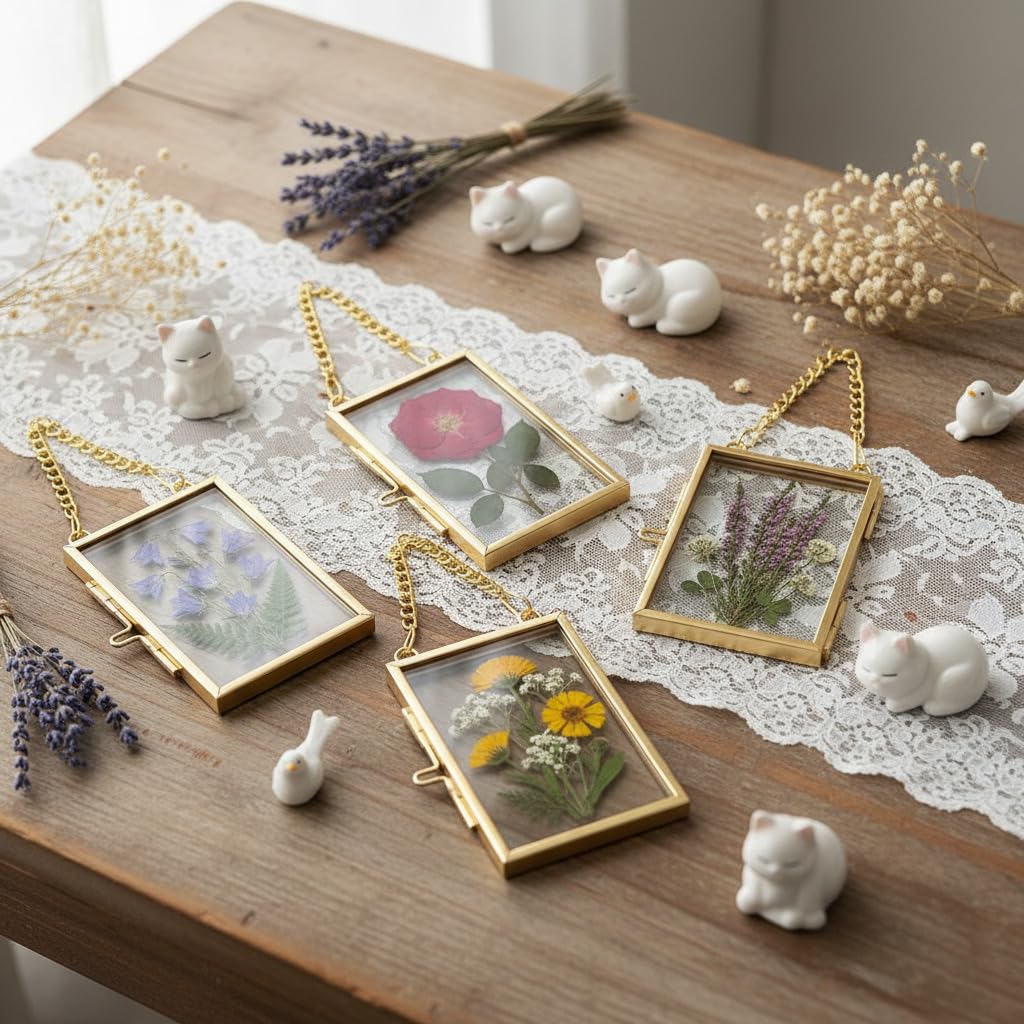 WHYTOOPY Pressed Flower Frames with Tweezers,Wall Hanging Double Glass Frames 2x3 with Metal Chain for Dried Flowers Plants,Floating Photo Frame for Display Gallery Artwork,Golden, 4 Pack
