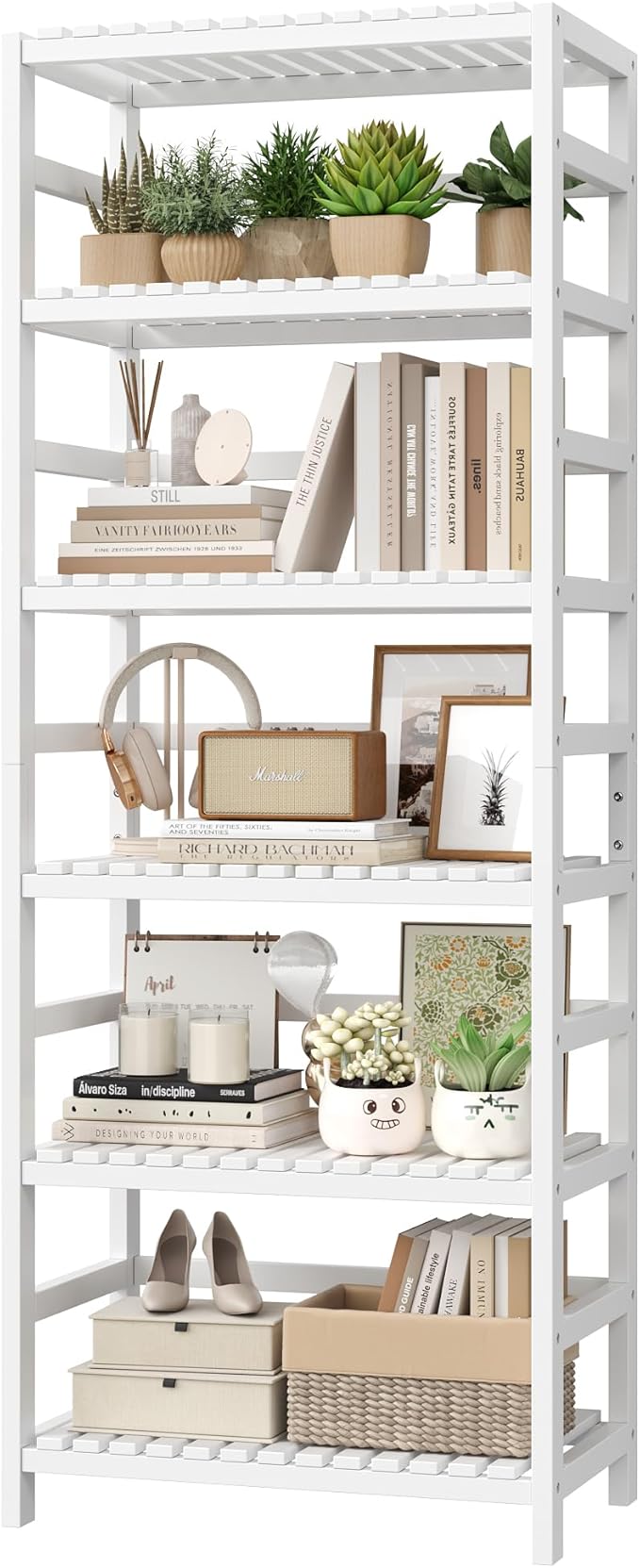 FOTOSOK 6-Tier Bamboo Shelf, Bamboo Bookcase