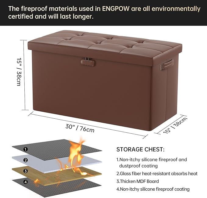 ENGPOW Storage Ottoman Bench, Fireproof Folding Bench