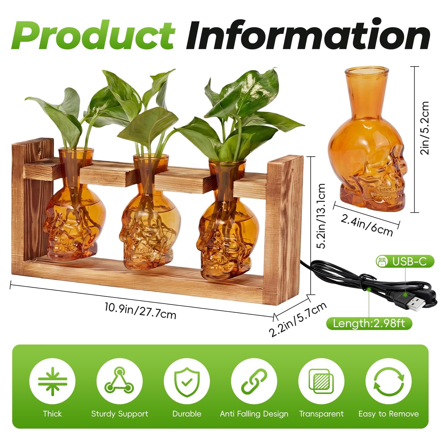 Skull Plant Propagation Station with LED Lights - Halloween Decor Skull Planter, Hydroponics Pot for Office, Unique Gifts for Women & Plant Lovers(Amber)