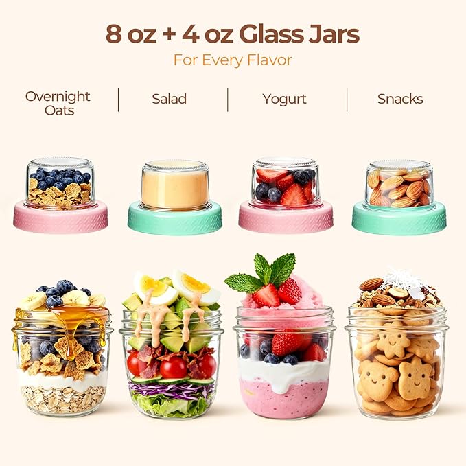 ComSaf Overnight Oats Containers with Lids (8oz+4oz, 2Pcs), Glass Yogurt Parfait Cups for Cereal Nut Fruit, Dual-Layer Chia Pudding Jars Reusable, Small Mason Jars for Salad, Meal Prep, Snack, Oatmeal
