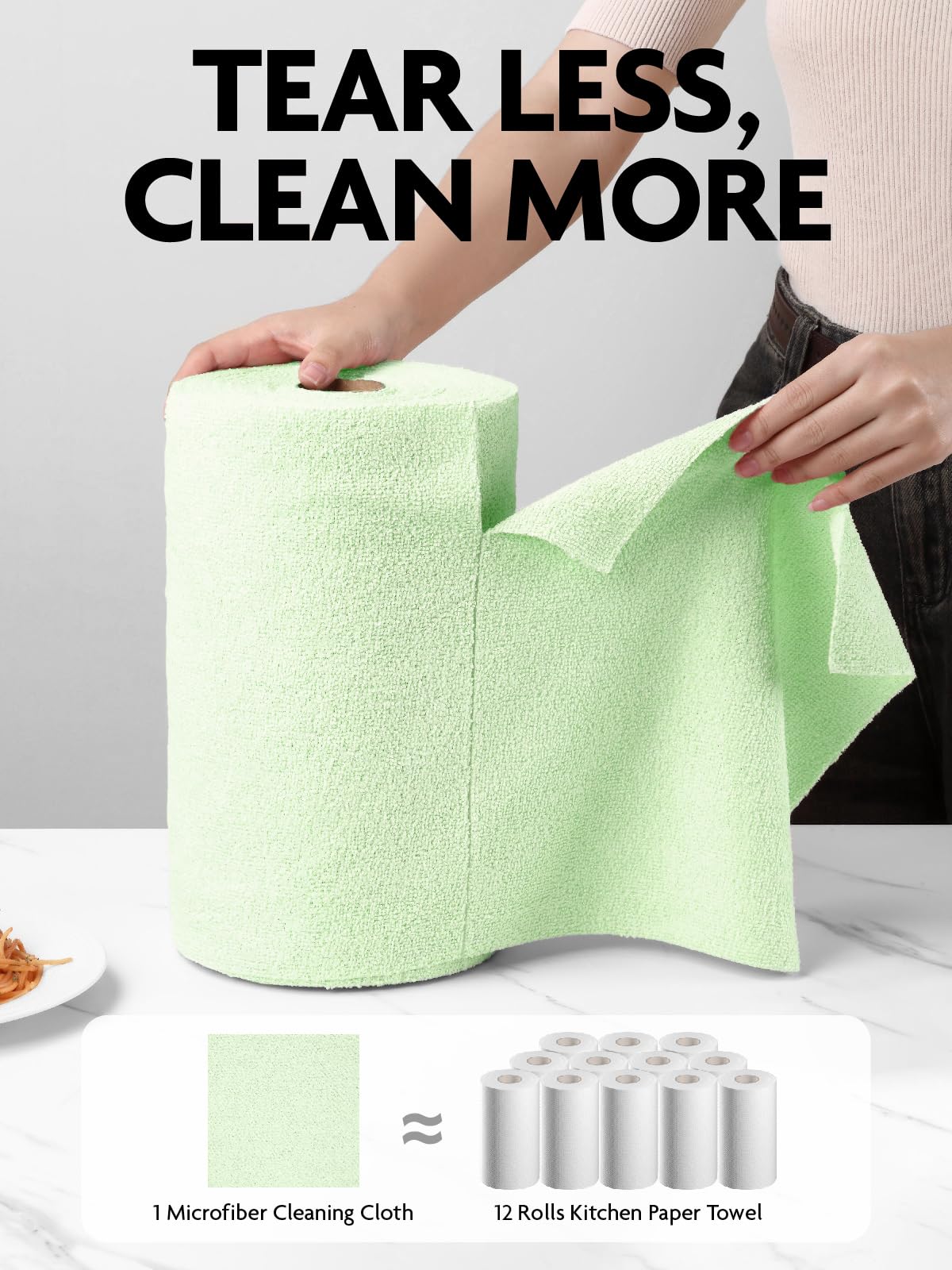 Fantasticlean Microfiber Cleaning Cloth Roll -75 Pack, Tear Away Microfiber Towels, 12" x 12", Reusable, Washable, Scratch Free, Ultra Absorbent Dishcloth for All-Around Cleaning Supplies (Green)