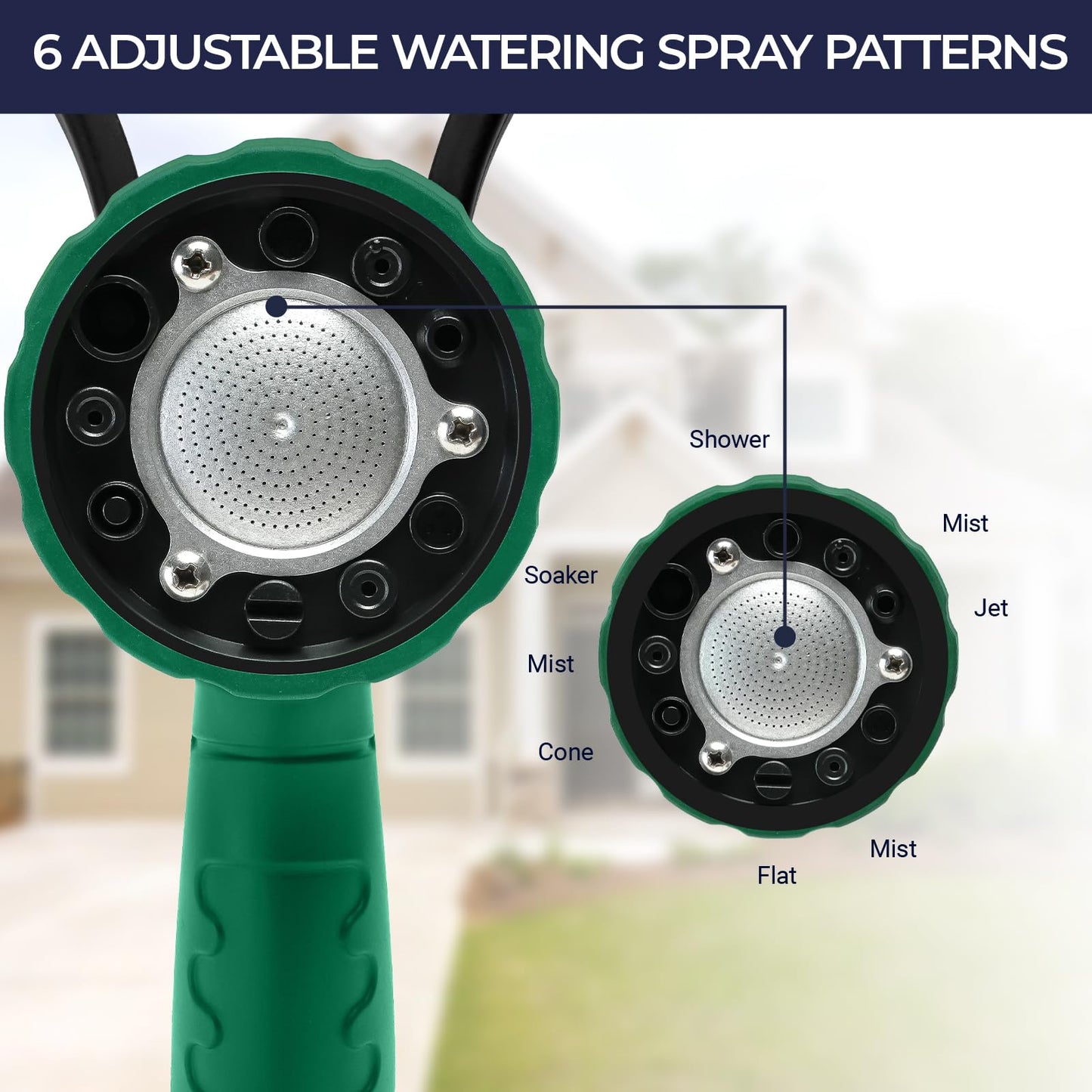 HugeDawn Garden Hose Nozzle, 6 Spray Patterns Heavy Duty Metal Water Nozzle with High Pressure for Watering, Cleaning, Washing (Green)