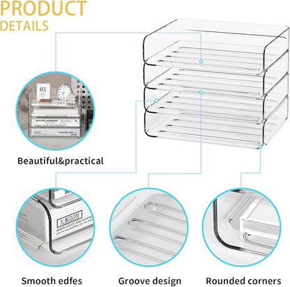 FANXIYQ 4-Tier Acrylic Paper Tray Organizer - Low-Profile Desk File Sorter for Office/Home, Clear Stackable Letter Tray for Bills, Crafts, Notebooks