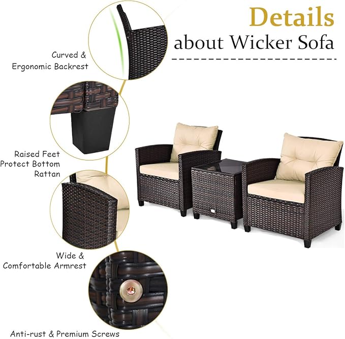 COSTWAY 3PCS Patio Furniture Set, PE Rattan Wicker Sofa w/Washable Cushion and