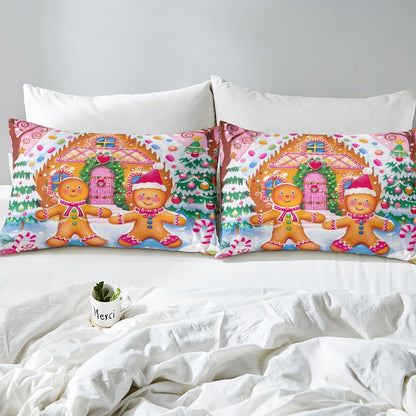 Feelyou Kids Pink Merry Christmas Bedding Set Full Size Xmas Gingerbread Man Comforter Cover Set for Boys Girls Candy Cane House Winter Duvet Cover Happy New Year Bedspread Cover (No Comforter)