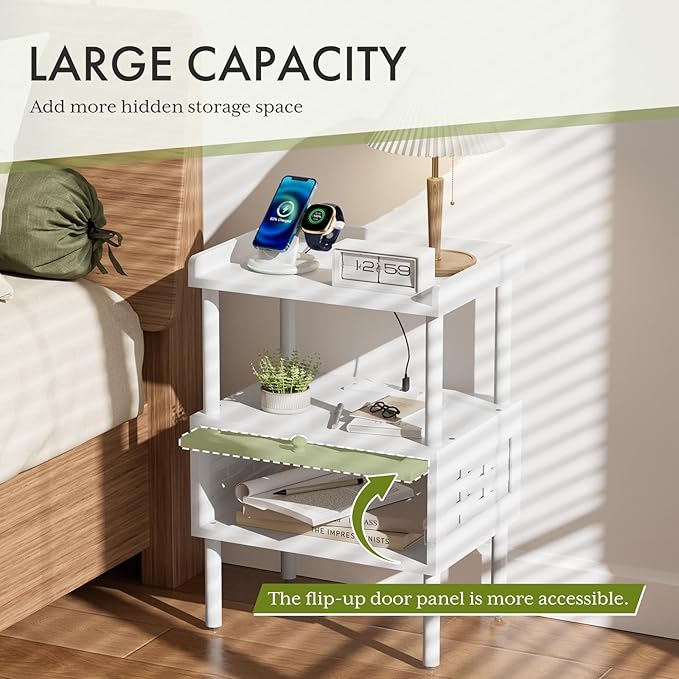 Amazer White Nightstand with Charging Station, Bamboo Night Stand