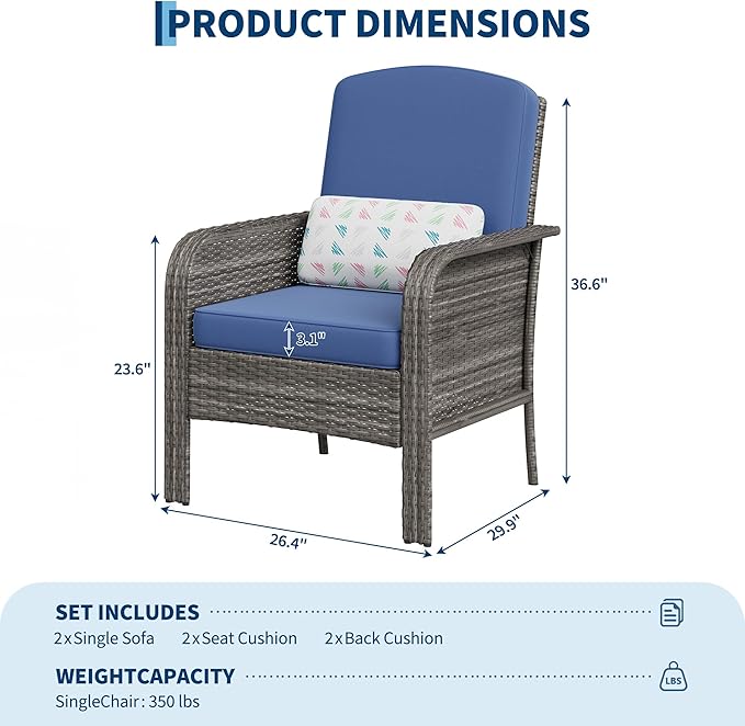 GarveeHome 2-Piece Outdoor Patio Furniture Set, All-Weather Rattan Chairs