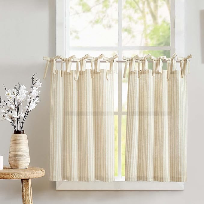 jinchan Tie Top Linen Kitchen Curtains 24 Inches Striped Tier Curtains Farmhouse Modern Cafe Style Small Window Treatments Airy Light Filtering Rod Pocket for Living Room Bathroom 2 Panels Beige