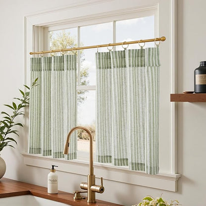 jinchan Striped Linen Kitchen Curtains with Attached Valance 36 Inch Length Cafe Tier Curtains for Living Room Rustic Half Window Light Filtering Rod Pocket Small Drapes 2 Panels Green