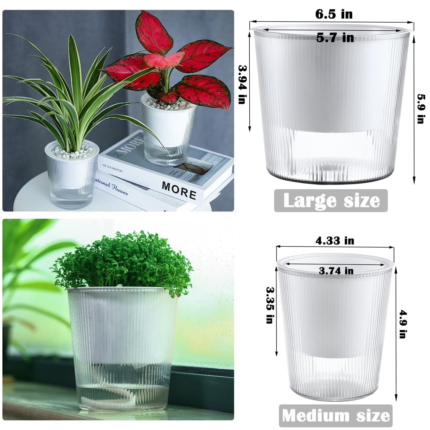 8-Pack 4.5 Inches Clear Self-Watering Planters and Pots for Indoor Plants Small Orchid Plant Pots Plastic Wick Flower Pots, African Violet Pot Set, Home Decor Pot