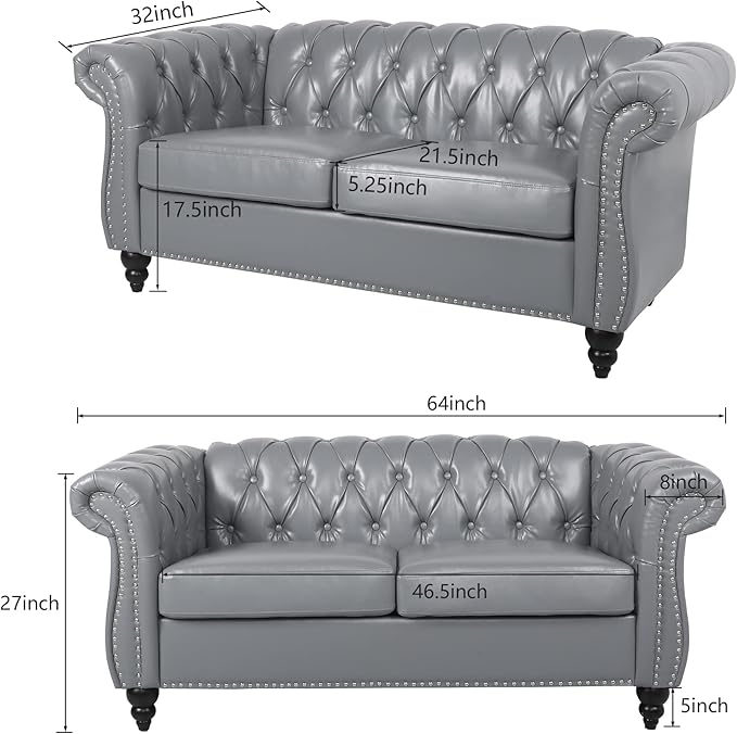 ORRD 3 Piece Living Room Set, Chesterfield Leather Sofa Loveseat Couch Chair