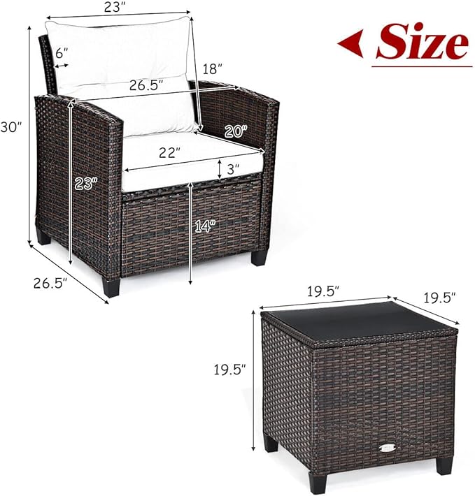 HAPPYGRILL 3 Pieces Patio Conversation Set, Outdoor Furniture Set PE Rattan