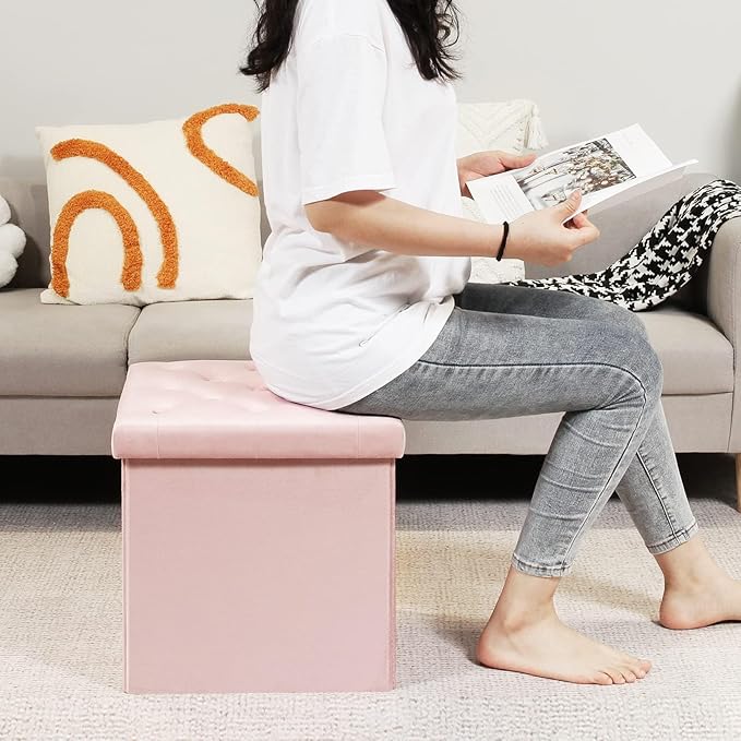 B FSOBEIIALEO Storage Ottoman Cube, Velvet Tufted Folding Ottomans