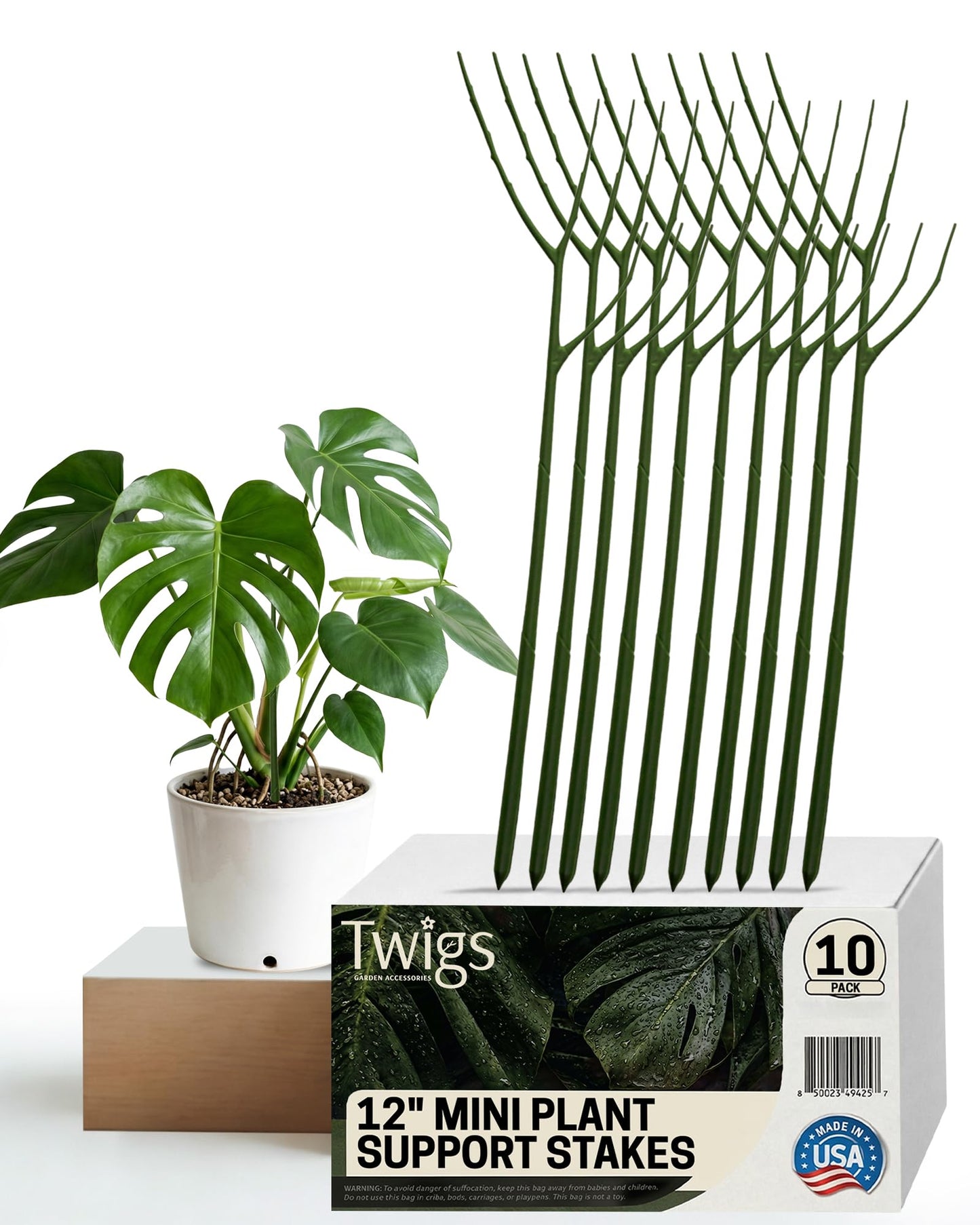 Twigs GA - Mini Twigs Plant Support Stakes for Small Plants, Indoor & Outdoor Use, Gardening Supplies, Garden Accessories, Trellis & Ring Alternative - Monstera (Dark Green), 10 Pack, 12" L