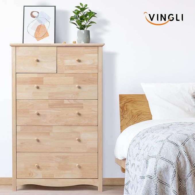VINGLI Unfinished Natural Solid Wood 6 Drawer Dresser
