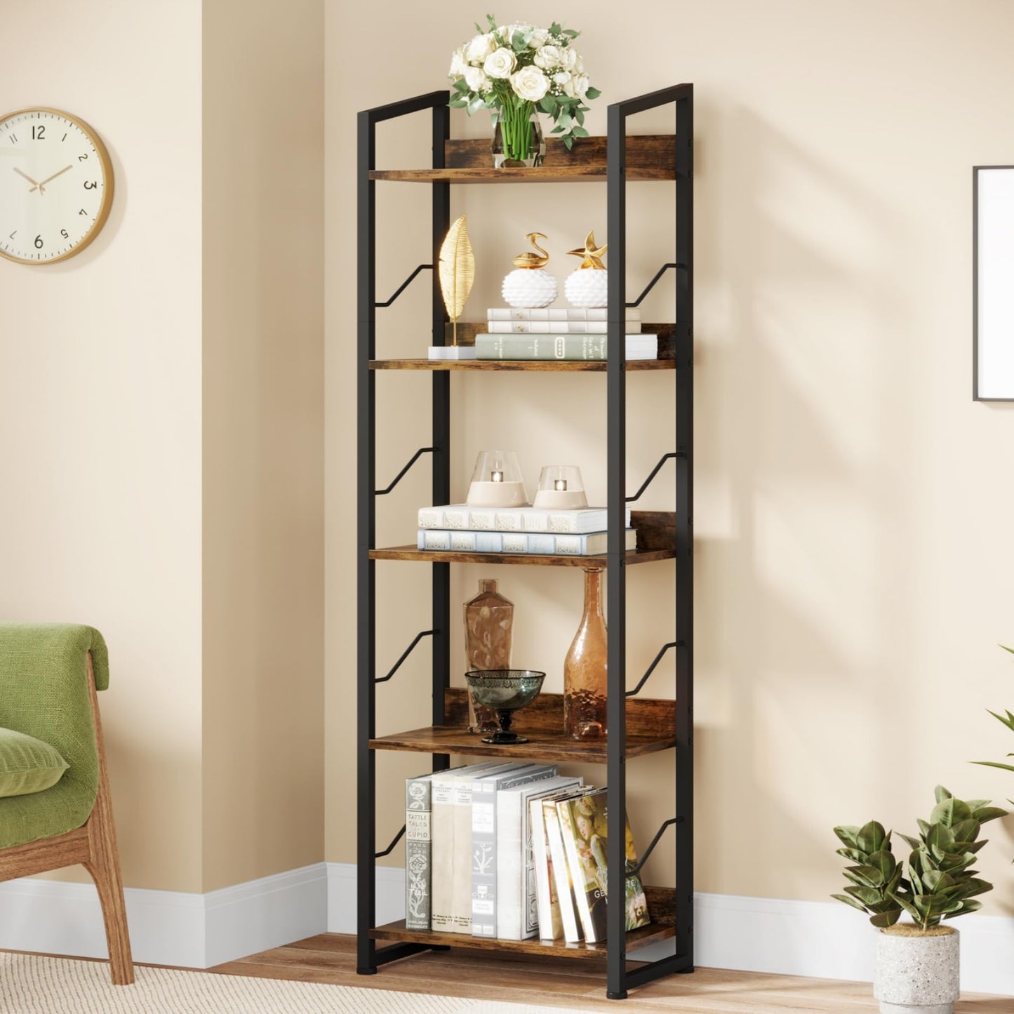 Hosfais 5 Tier Tall Bookshelf: Industrial Wood Book Shelf with Edge Protection Metal Narrow Bookshelf Bookcase Storage Organizer Display Rack for Living Room Home Office (Rustic Brown)