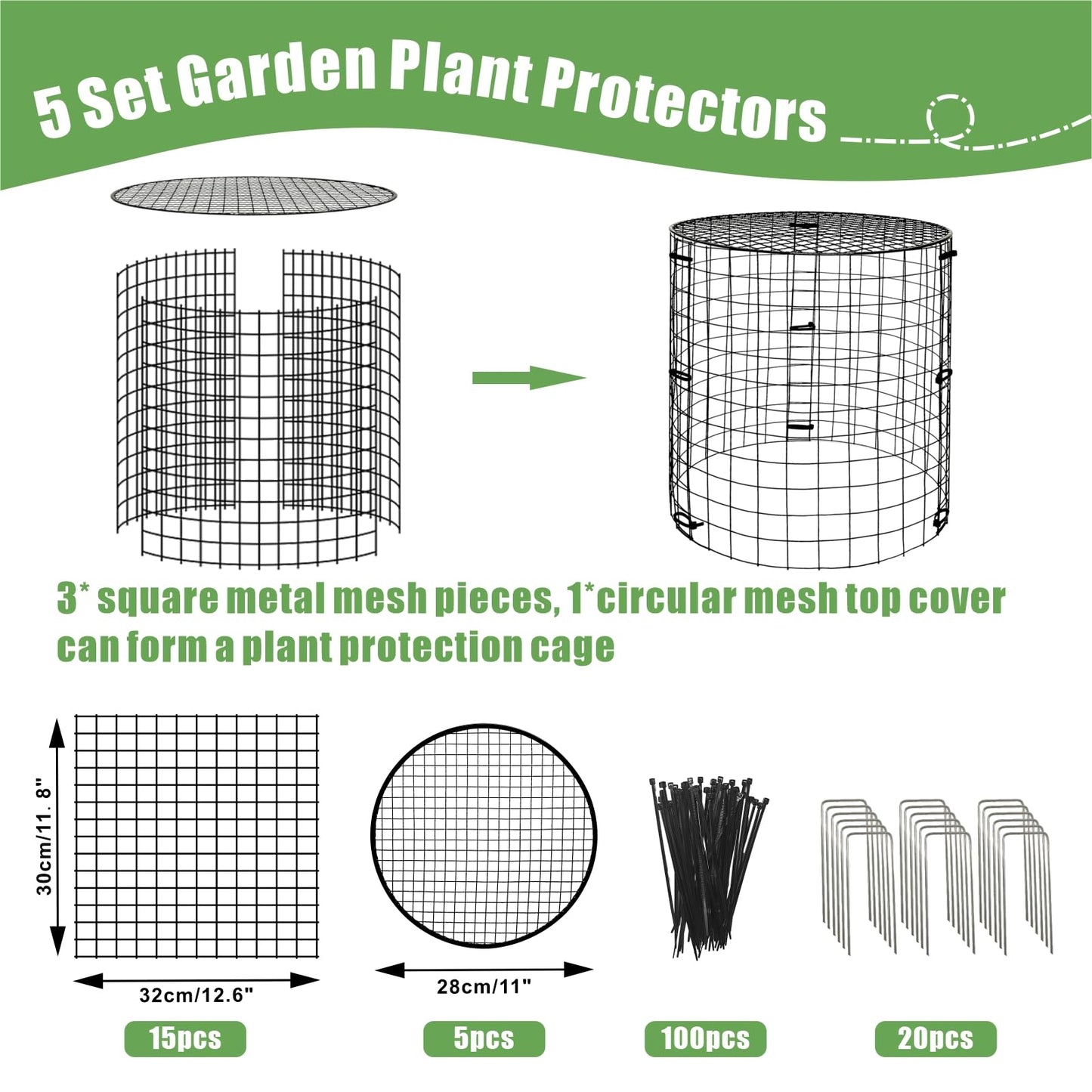 5 Packs Garden Plant Protectors from Animals,Metal Plant Cage Chicken Wire Cloche with Ground Stakes and Nylon Tie,Garden Plant Protectors for Flower Vegetable to Keep Animals Out-11.8"x 12.6"