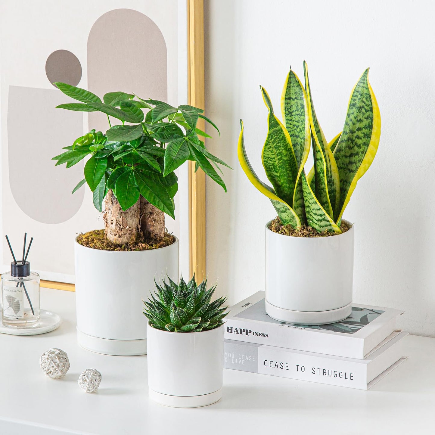 vancasso Ceramic Plant Pots, 3 Piece Planters for Indoor Plants, 4.25+5.25+6.25 Inch Flower Pots with Drainage, Plant Pots Indoor for Succulent, Pothos, Snake Plant and Money Tree, Etc (White)