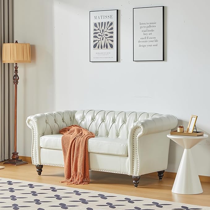 LEVNARY Leather Sofa, Chesterfield Tufted Upholstered 2 Seater Couch, Modern