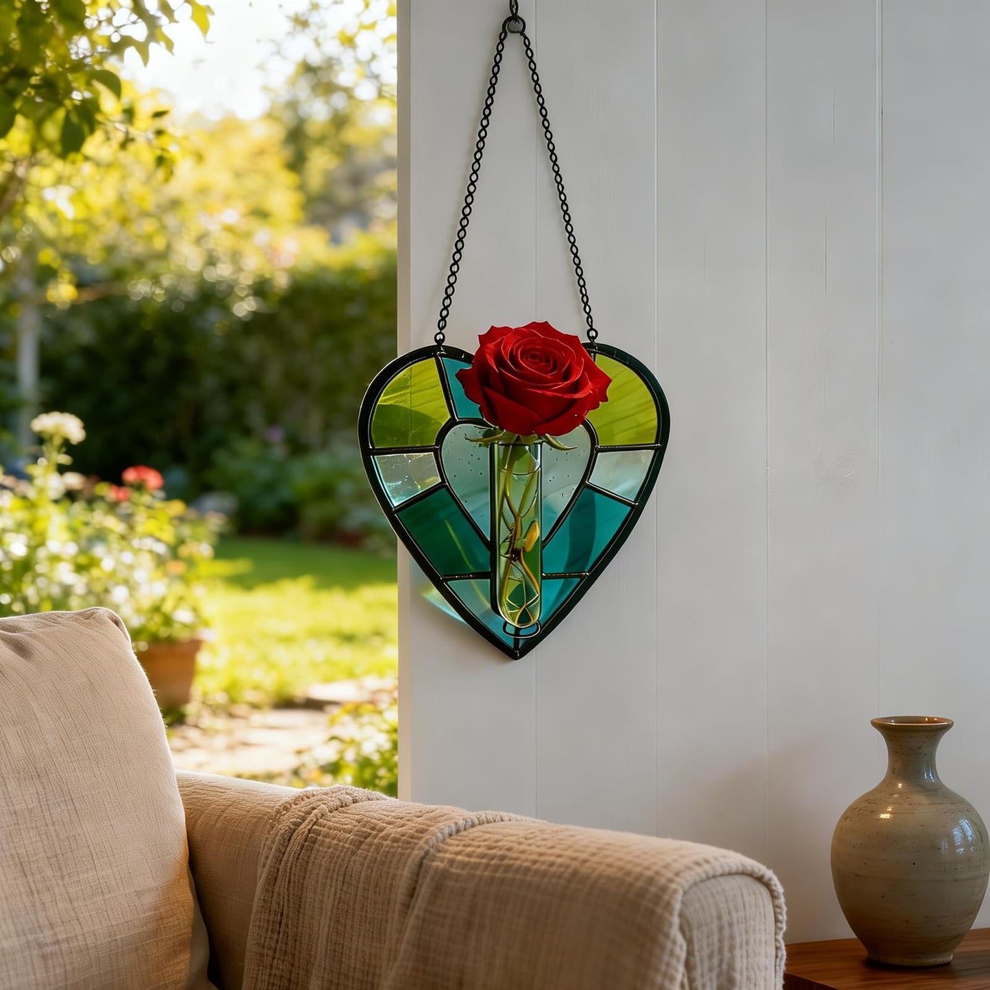 Stained Glass Plant Propagation Station, Handmade Suncatchers Window Hanging Decor, Hanging Hydroponic Planter Terrarium with 2 Glass Tubes for Mother's Day Home & Garden Decor, Green, Indoor Outdoor