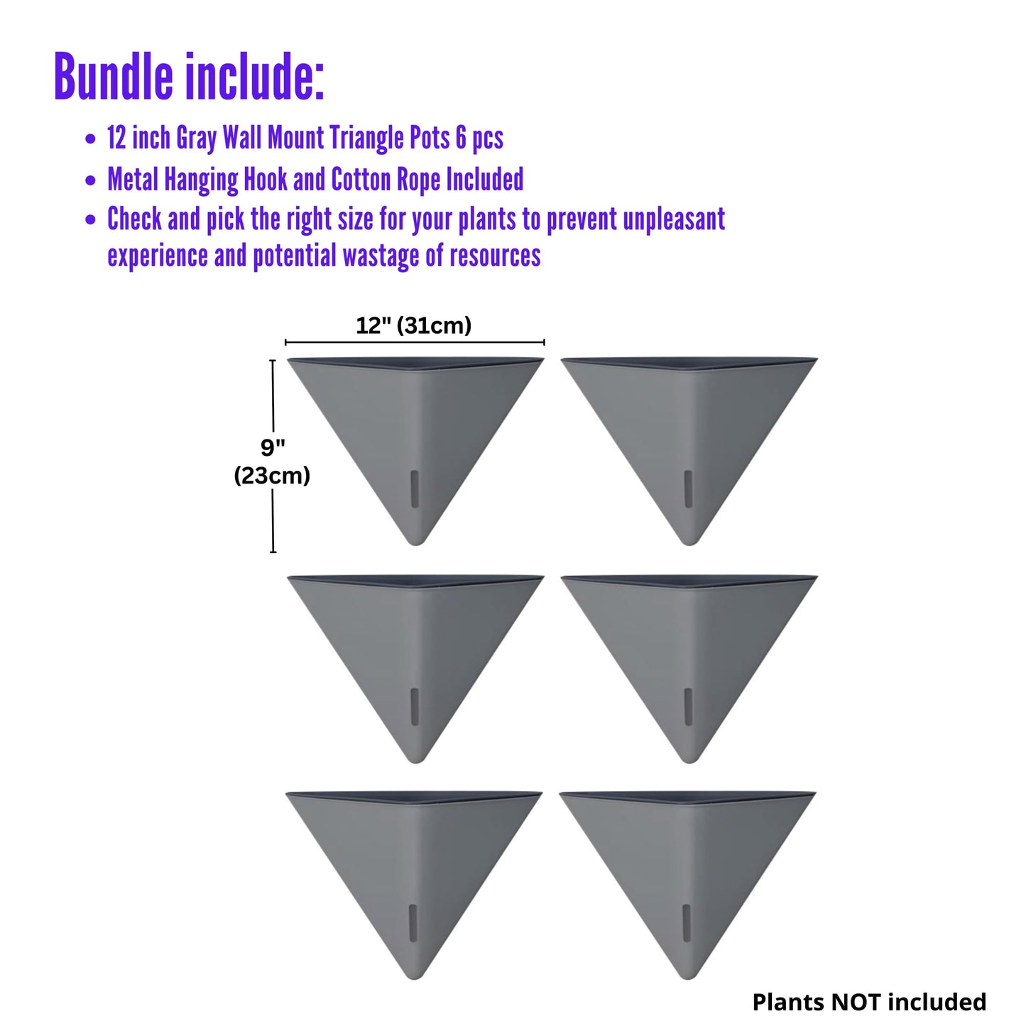 LaLaGreen Bundle - 12" x 6 Pack Gray Large Self Watering Wall Hanging Planters for Indoor Plants Gray Wall Mount Triangle Geometric Flower Vase Pot Black Metal Hanger Living Wall Decor