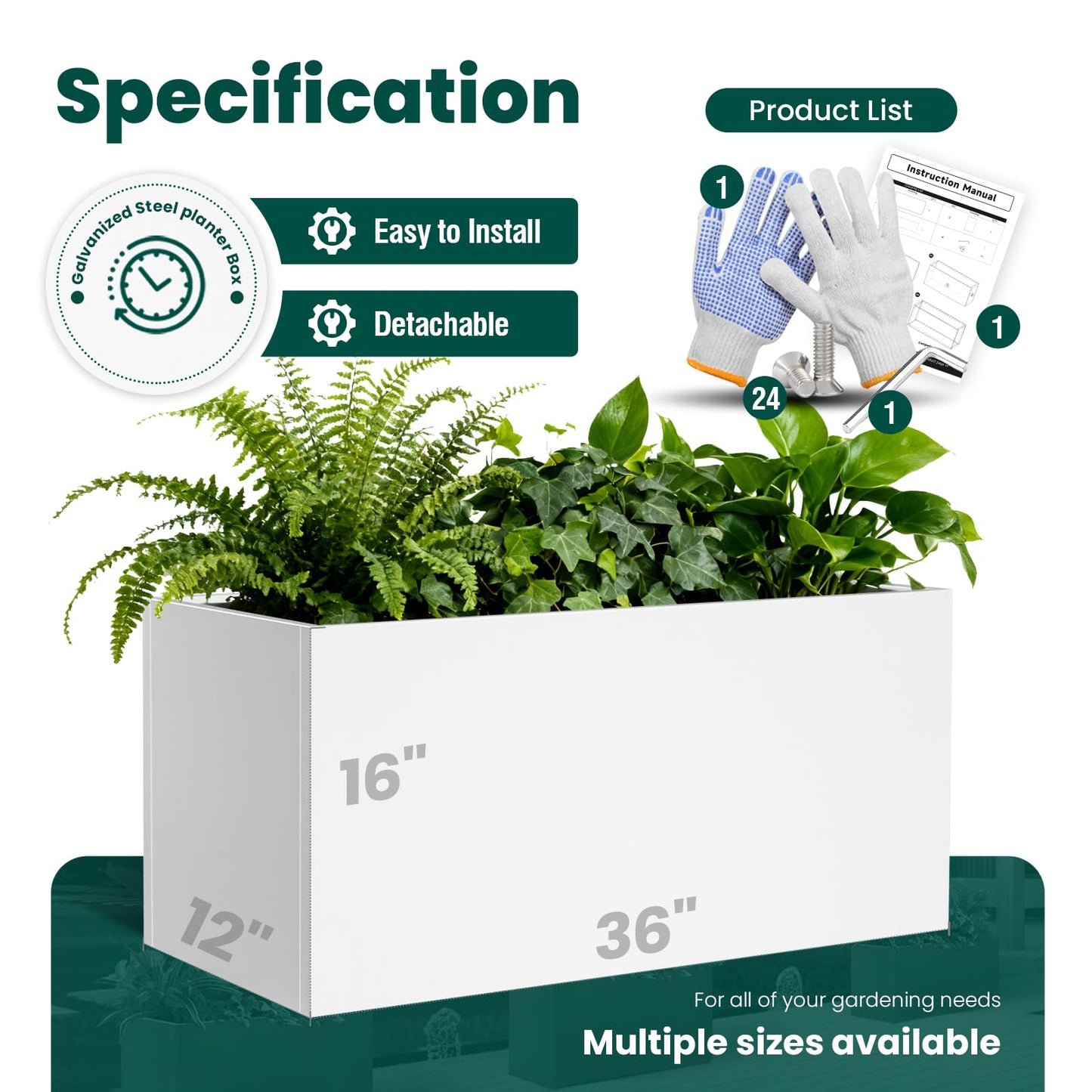 GZGNEEVL Metal Rectangular Planter 36" L x 12" W x 16" H Galvanized Steel Planter Box Rectangle Outdoor Planters Commercial Residential for Patio, Backyard, Garden