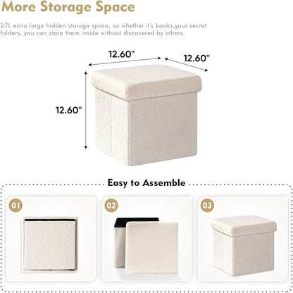 B FSOBEIIALEO Small Storage Ottoman Cube Sherpa Ottomans Foot Rest, Foldable Boucle Ottoman, Faux Teddy Fur, Cream White 12.6"x12.6"x12.6"