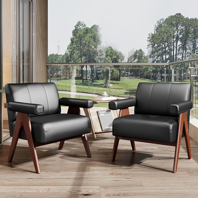STHOUYN Black Leather Accent Chairs, Mid Century Modern Chair, Side Arm Chairs