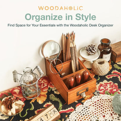 3-Slot Wooden Desk Organizer - Card Catalog Drawer Style Storage Box for Stationery & Office Supplies - Remote Caddy, Phone Stand, or Pencil Holder for Desk - Cubicle Accessories (4-Pack)