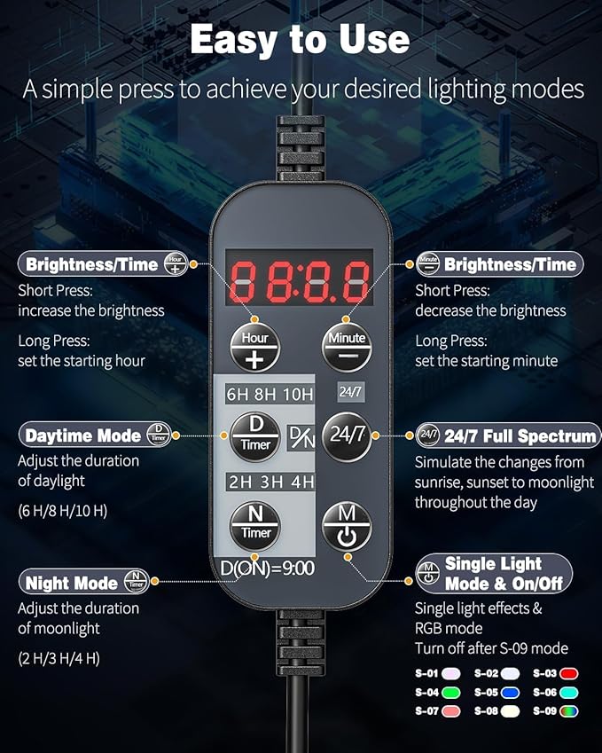 Pawfly 24W 24/7 Aquarium LED Light for 18" to 24" Tanks Extendable Fish Tank Light with Full Spectrum White Blue Red Green Lights with D/N Mode Single Color Effects Timer and Adjustable Brightness