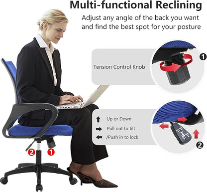 BestOffice | Ergonomic Office Chair | Mid-Back Swivel Desk Chair | Breathable Backrest & Lumbar Support | Adjustable Height | Sponge Seat | Rolling Wheels | Dark Blue | for Adults & Women