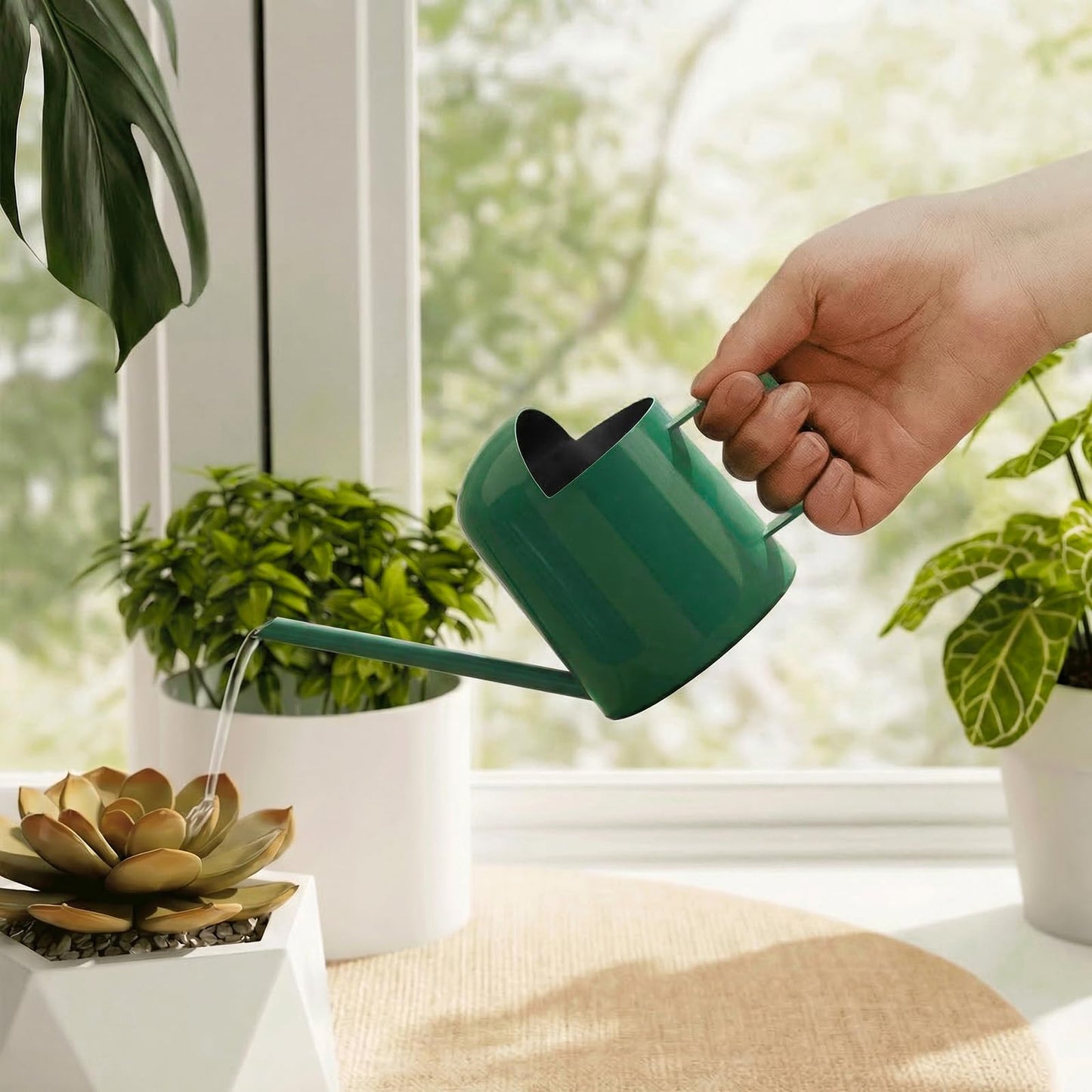 Bamworld Small Watering Can Indoor Outdoor Plant Metal Stainless Steel Long Spoutt Flowers Watering Cans for House Garden Plants 10OZ Watering Bottle Cute Stylish Gardening Decoration(Deep Green)