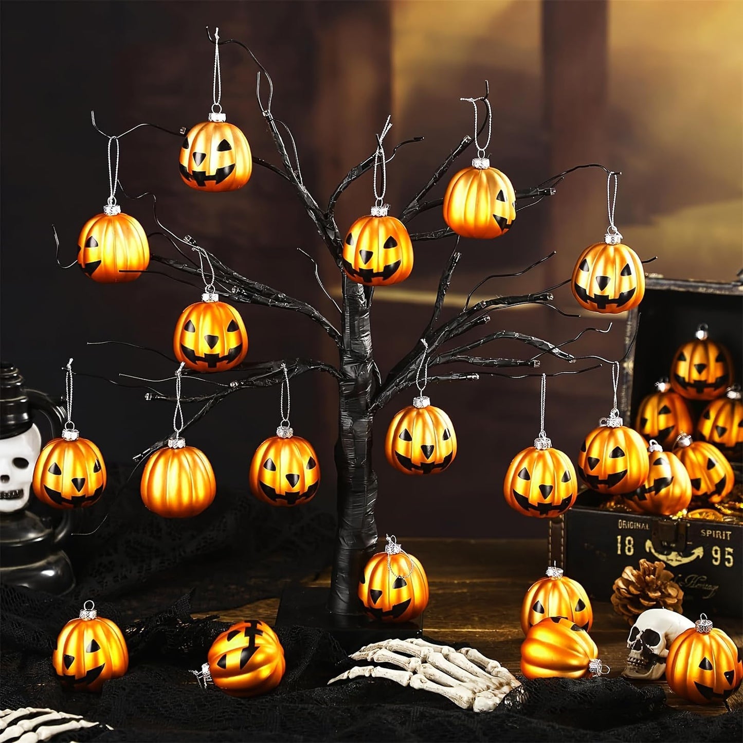 Pinenjoy 24Pcs Halloween Pumpkin Ornament Spooky Jack-O-Lantern Hanging Balls for Thanksgiving Halloween Christmas Holiday Party Home Decorations