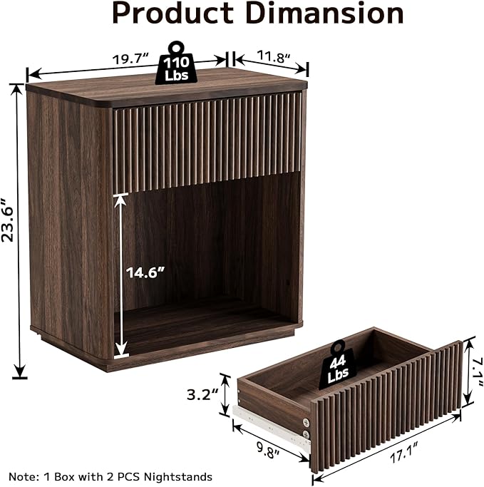 Modern Fluted Nightstand Set of 2