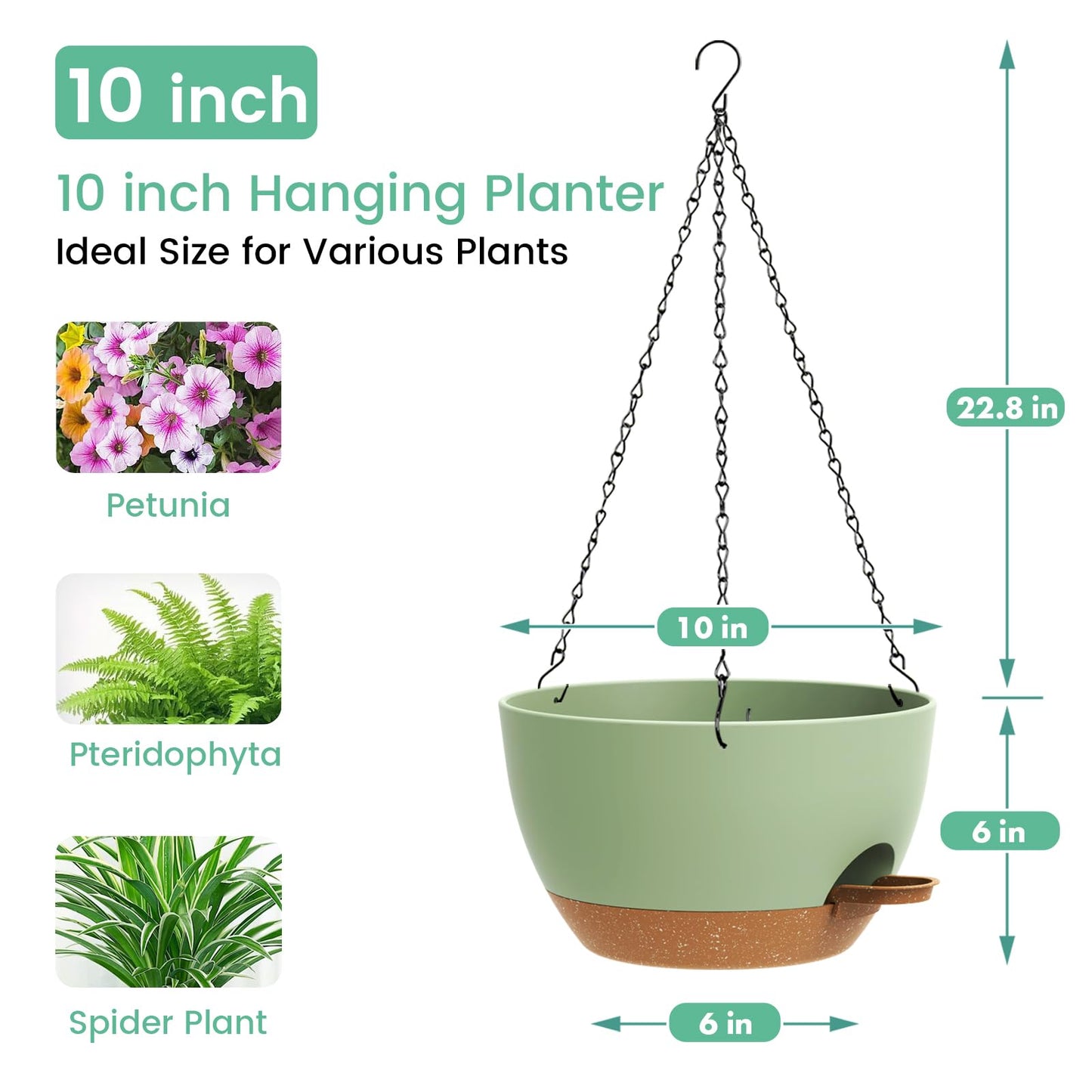 UOUZ Set of 3-10 Inch Self Watering Hanging Planters for Indoor & Outdoor，Hanging Plant Pots with Drainage & Removable Tray, Hanging Pots Holder for Ivy, Ferns, Balcony & Patio, Green and Brown