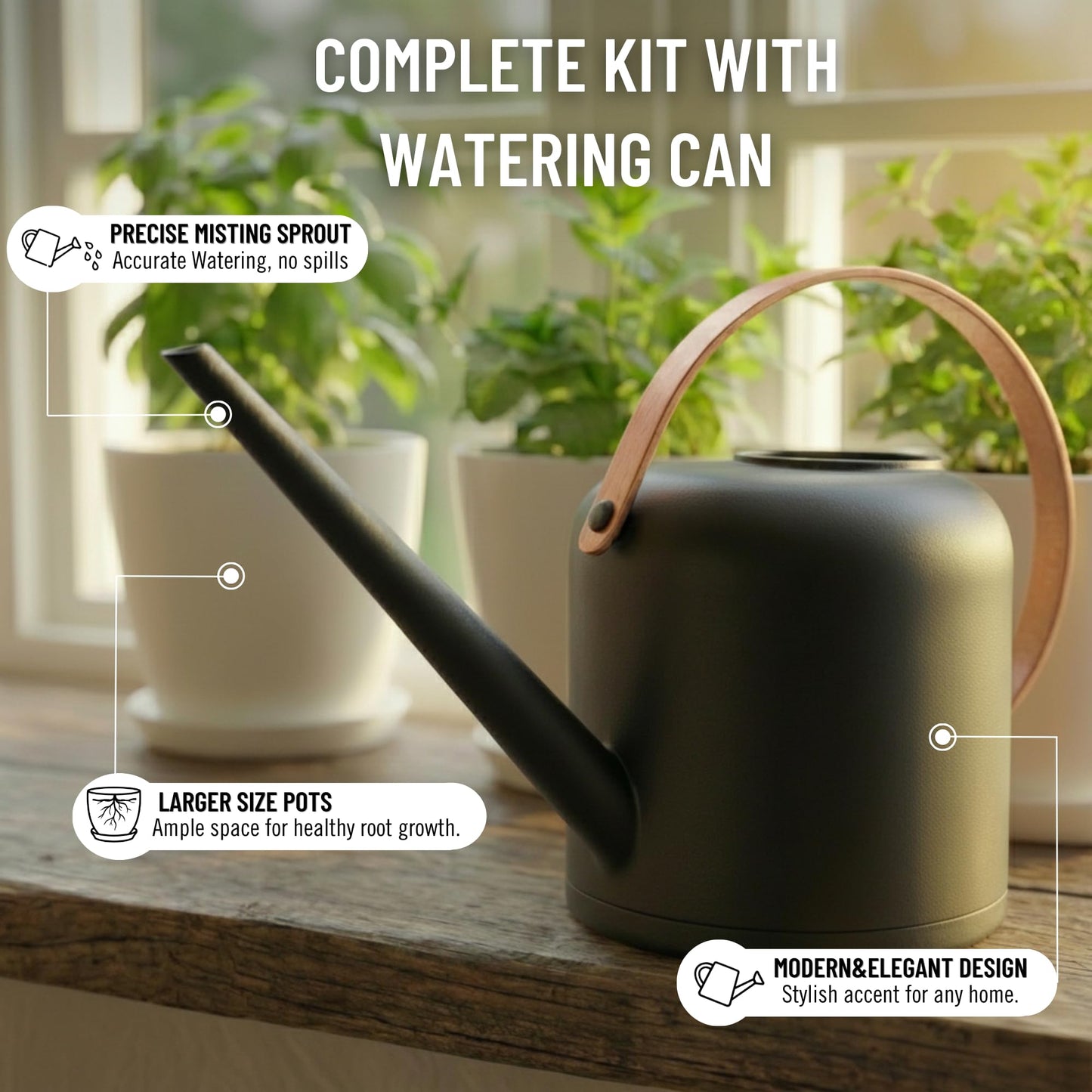 JNGROW Indoor Garden Kit - Plant Pots with Drainage, Watering Can & Tools - Ideal Windowsill Planter Set - Modern Home & Kitchen Decor Gift - Black