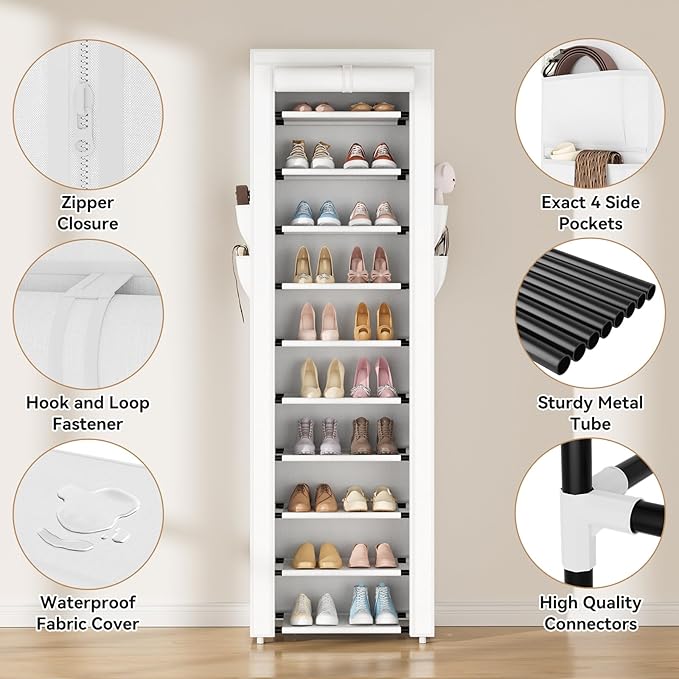 ROJASOP Shoe Rack with Covers 10 Tier Large Shoe Organizer Tall Shoe Closet