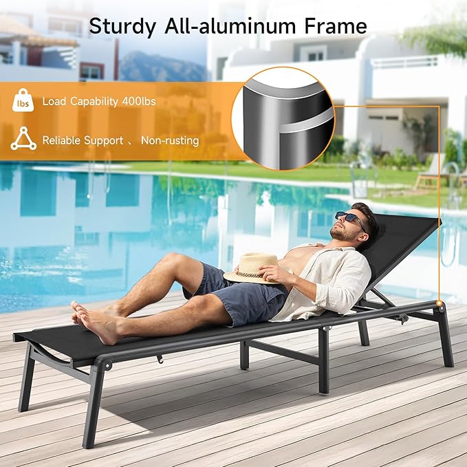 ONBRILL Aluminum Chaise Lounge Chair Outdoor, Foldable & Assembly Free Outdoor