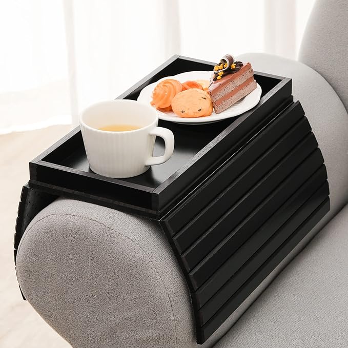 GEHE Bamboo Sofa Arm Tray, Foldable Couch Arm Tray Side Table, Anti-Falling