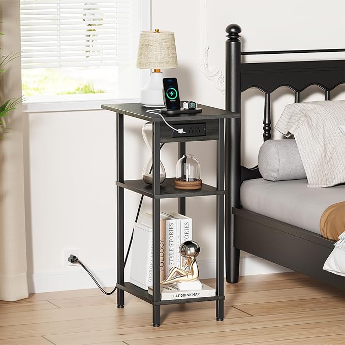 Asgolion Tall End Table with Charging Station, Skinny Nightstand with USB Ports