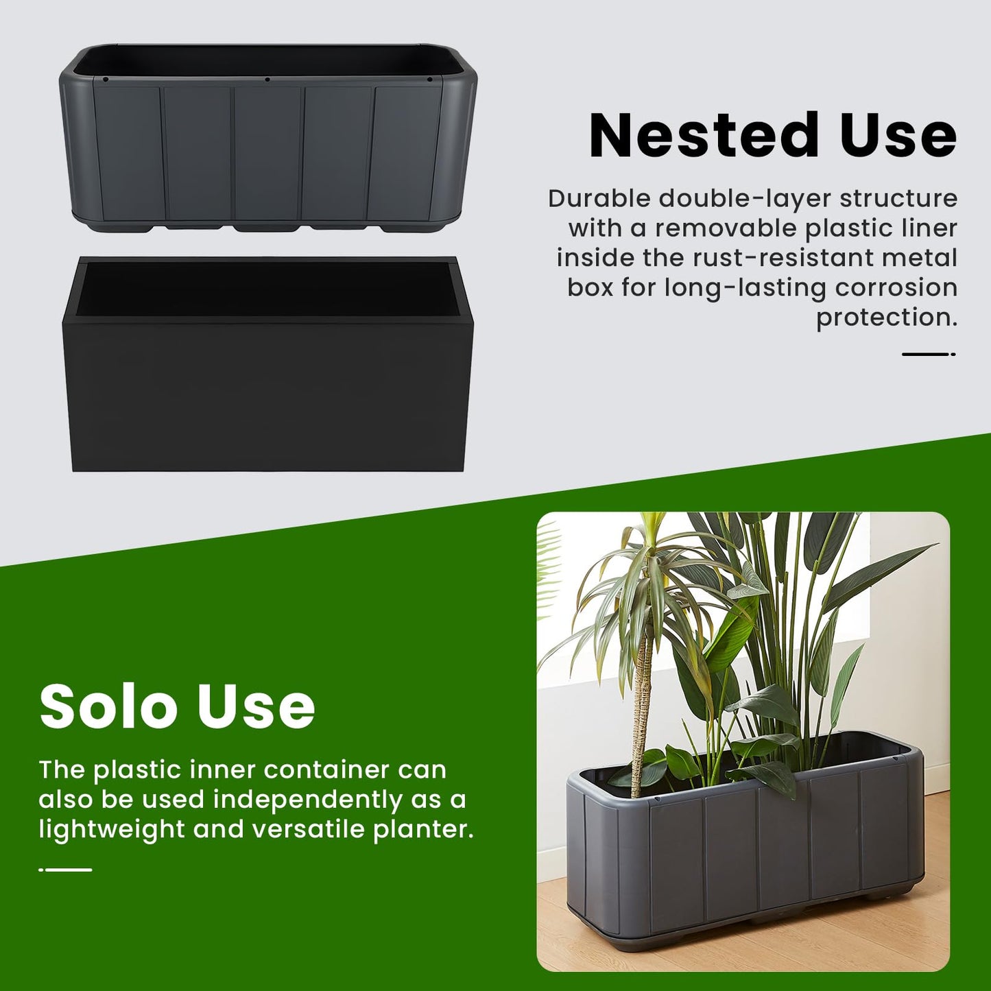 XHIKOWAT Large Rectangular Metal Planter Boxes with Plastic Inner Pot & Wheels - 33" Lx12 Wx14 H Balcony Flower Bed with Drainage Holes & Drip Tray for Outdoor Indoor Garden Patio Porch Lawn, Black