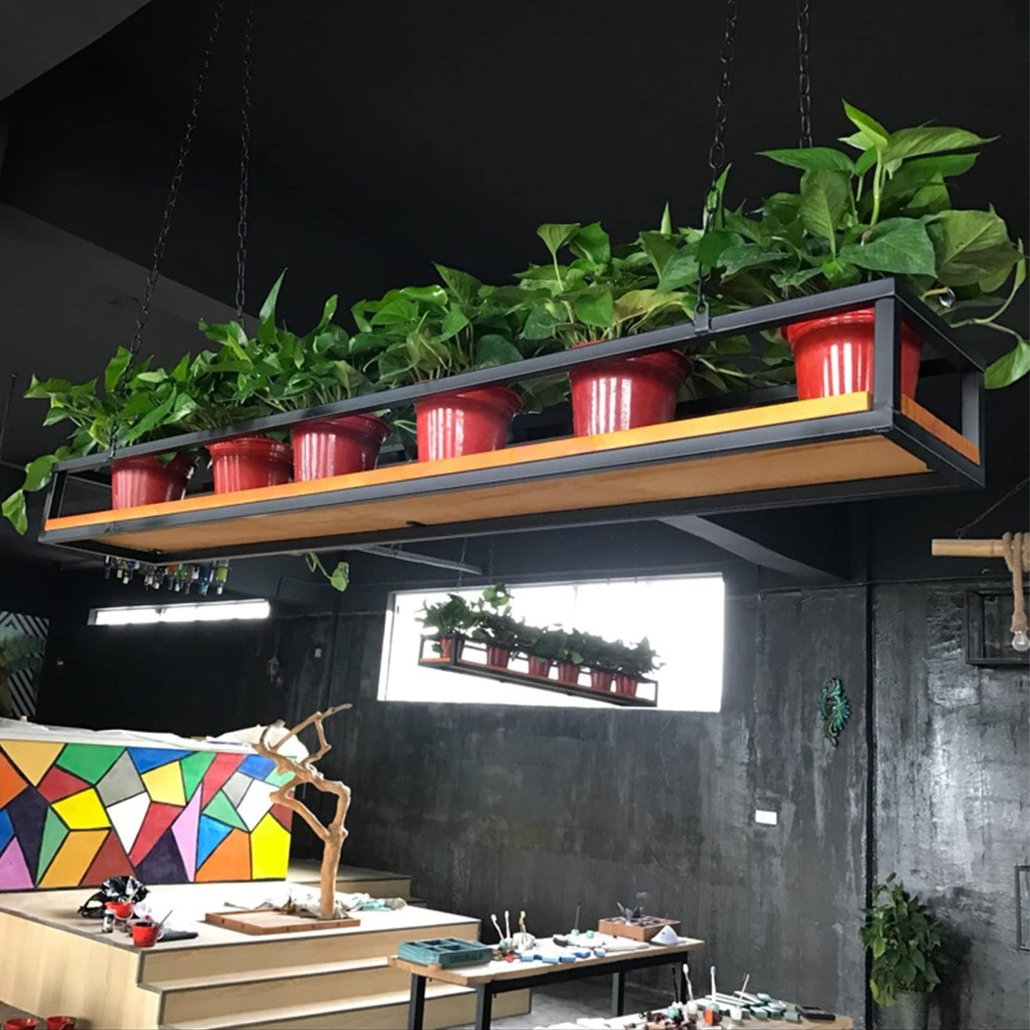 Hanging Flower Pot Display Rack - Adjustable Ceiling Stand for Plants, Wooden & Metal Frame Railing Shelf, Perfect for Bar, Patio, Garden, Balcony (Size: 60x25x15)